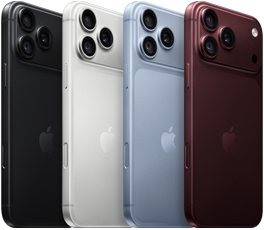iPhone 18 Pro Geräte in einer Reihe, Rückseite, alle vier Farben: Burgunder, Polar, Silber, Schwarz, Pro Fusion Kamera-System oben links, 3 Objektive, Mikrofon, Blitz