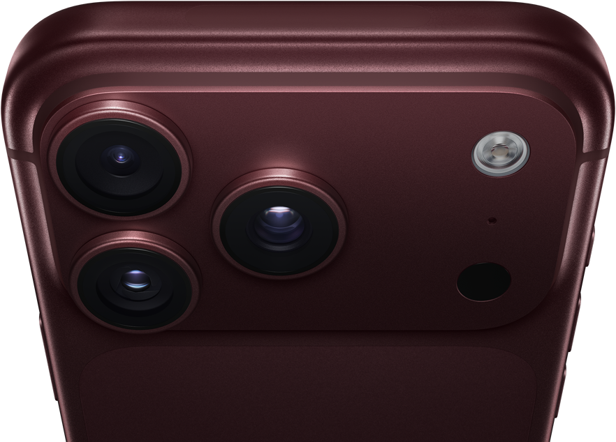 iPhone 18 Pro Max, Farbe Burgunder (Dunkelrot), Rückseite, Pro Fusion Kamera-System oben, 3 Objektive, Lamellen der variablen Blende teilweise geschlossen, Blitz, Mikrofon und LiDAR Scanner, Oberseite, Mobilfunkantenne, flache Seiten, gerundete Ecken
