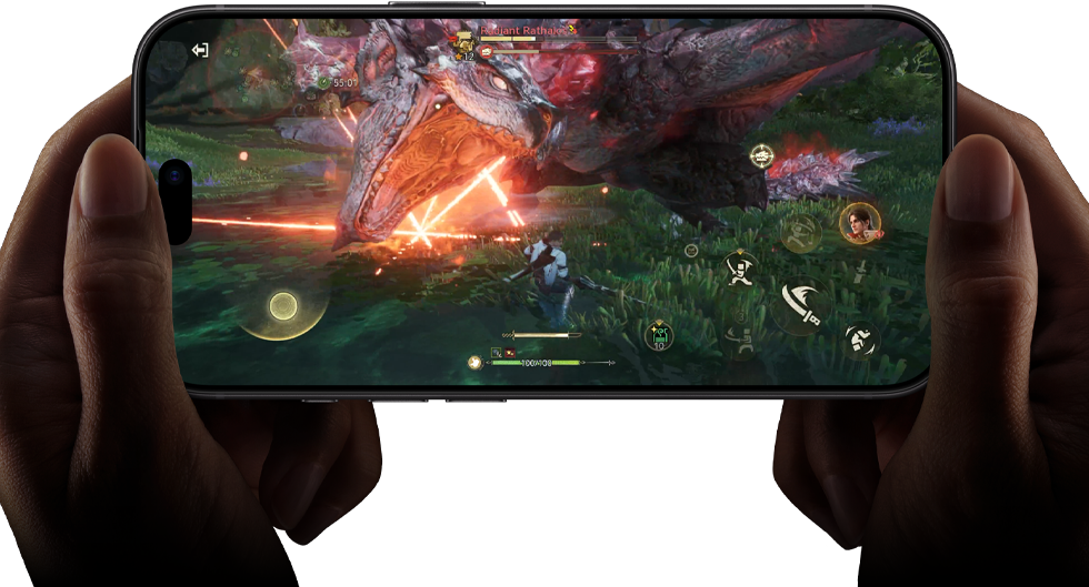 Vorderseite eines iPhone 18 Pro, die die Leistungsfähigkeit des A20 Pro Chip mit einer Szene aus Monster Hunter Outlanders zeigt