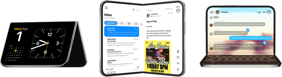 iPhone Duo in verschiedenen Positionen: umgedreht im offenen Querformat, in einem leichten Winkel geöffnet, äußeres Display, All‑Screen Design. Leicht geöffnet wie ein Buch und aufgestellt. Querformat geöffnet, in rechtem Winkel geöffnet, inneres Display, All-Screen Design