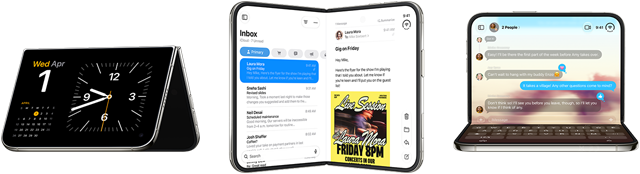 iPhone Duo in verschiedenen Positionen: umgedreht im offenen Querformat, in einem leichten Winkel geöffnet, äußeres Display, All‑Screen Design. Leicht geöffnet wie ein Buch und aufgestellt. Querformat geöffnet, in rechtem Winkel geöffnet, inneres Display, All-Screen Design